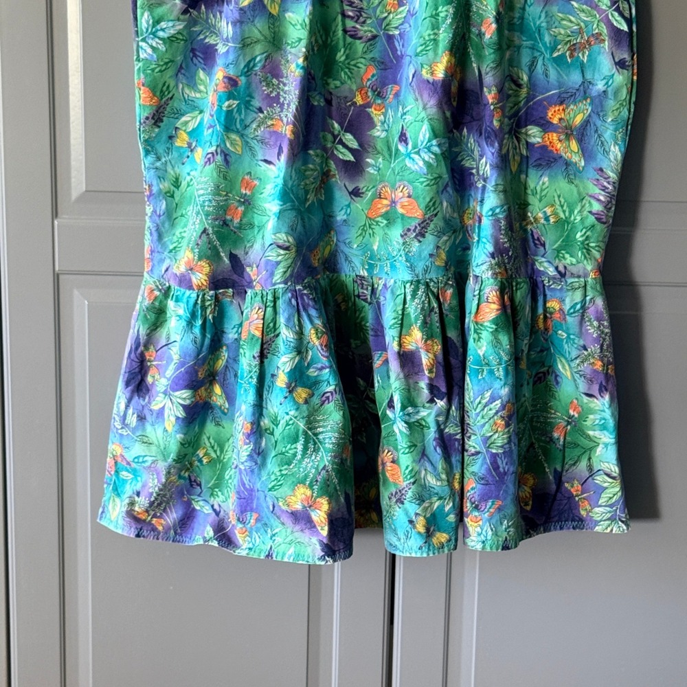 Vintage Whimsy Butterfly Dragonfly Print Drop Waist Sundress, Green Purple,S - Picture 7 of 10
